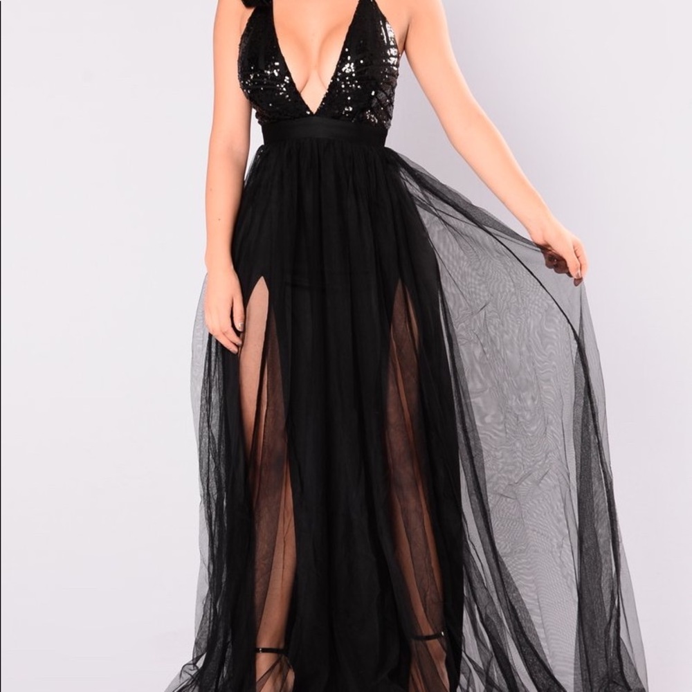 Fashion Nova Black Tulle Sequin Maxi Dress